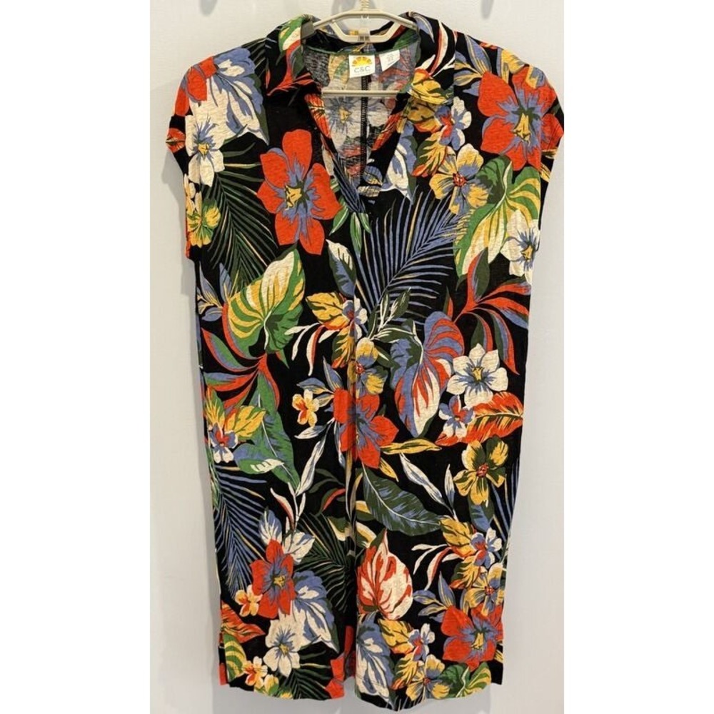 C&C California Black Bright Floral Short Sleeve Polo Dress Linen Lyocell Size M